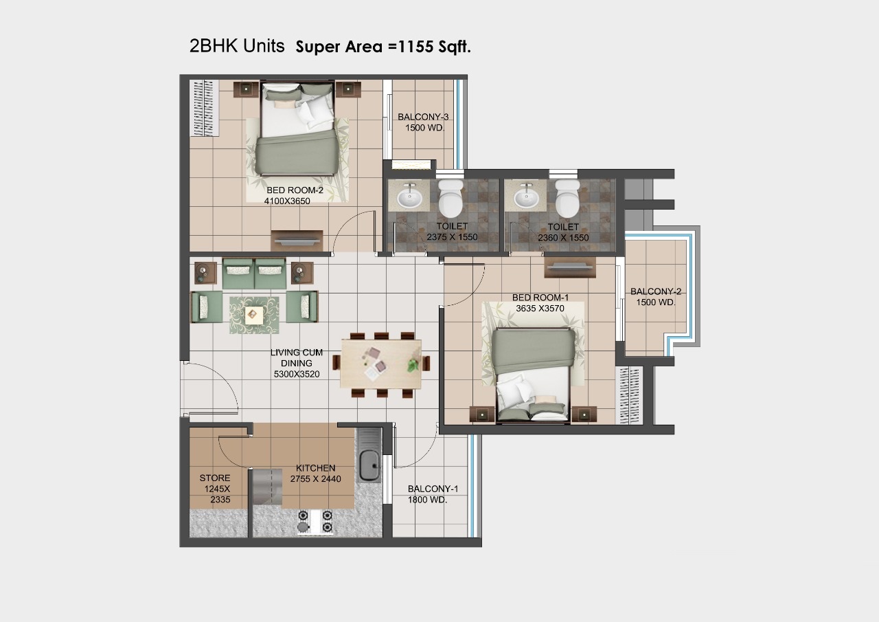 2 BHK floor plan
